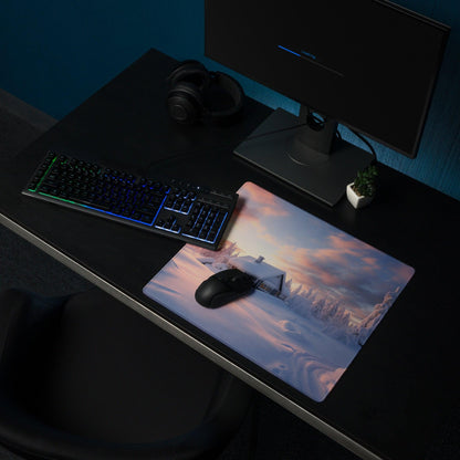 Extended gaming mouse pad with winter sunset landscape, non-slip base