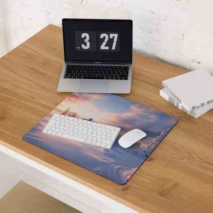 Extended gaming mouse pad with winter sunset cityscape and non-slip base