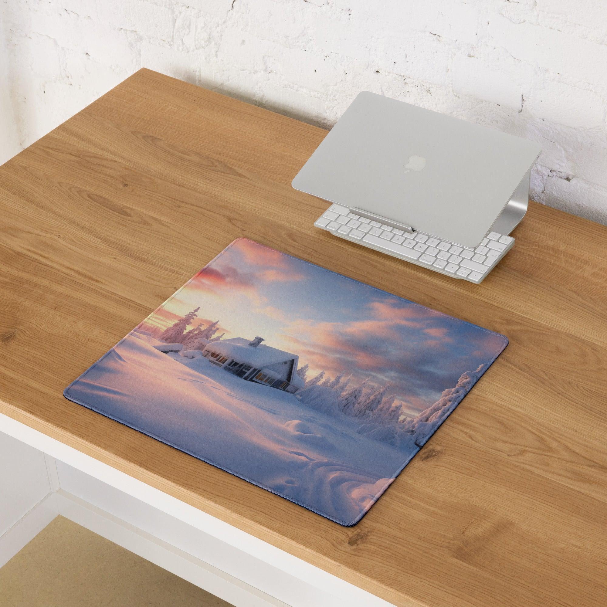 Extended gaming mouse pad with vivid winter sunset snow house, non-slip base