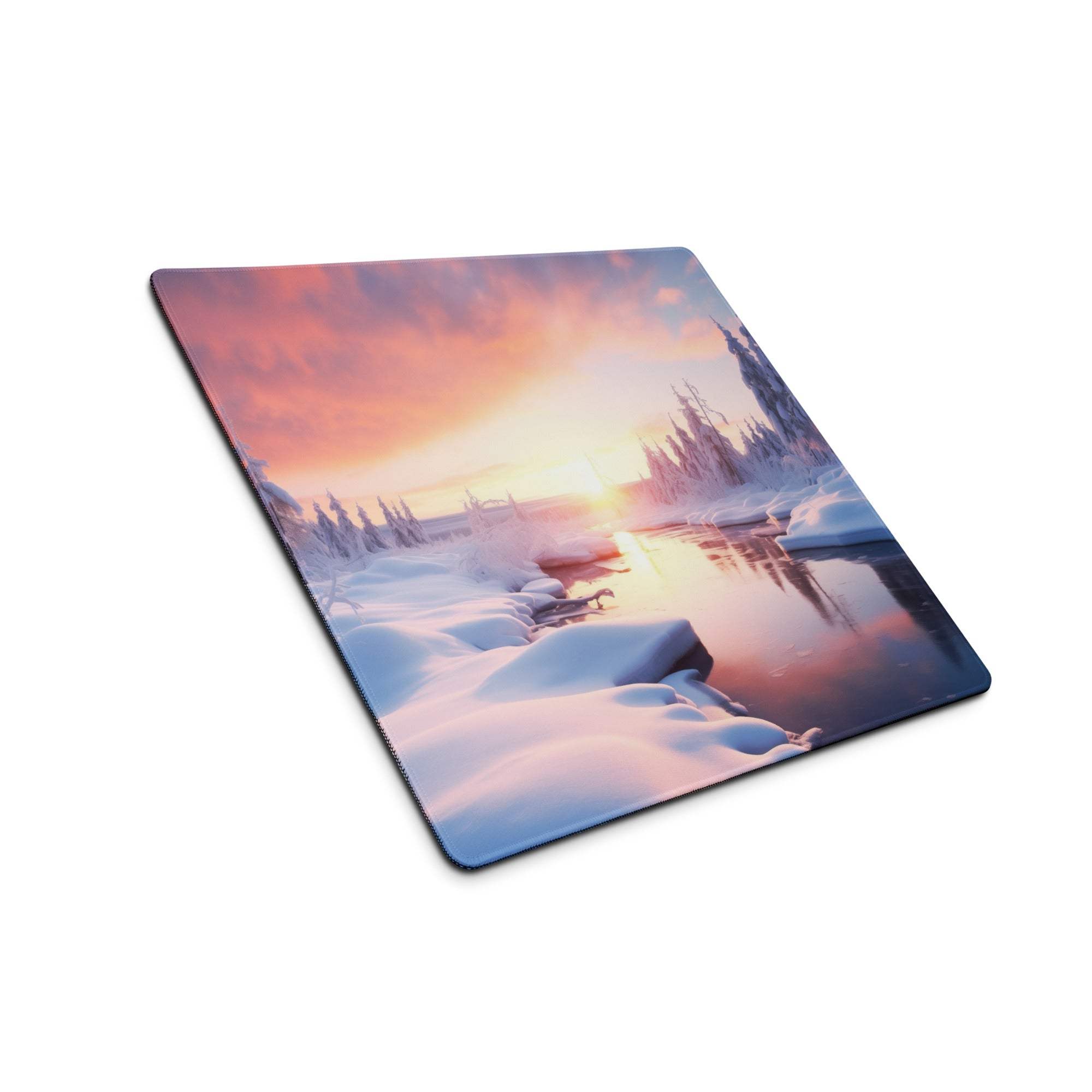Serene Winter Sunset large gaming mouse pad with pink purple horizon