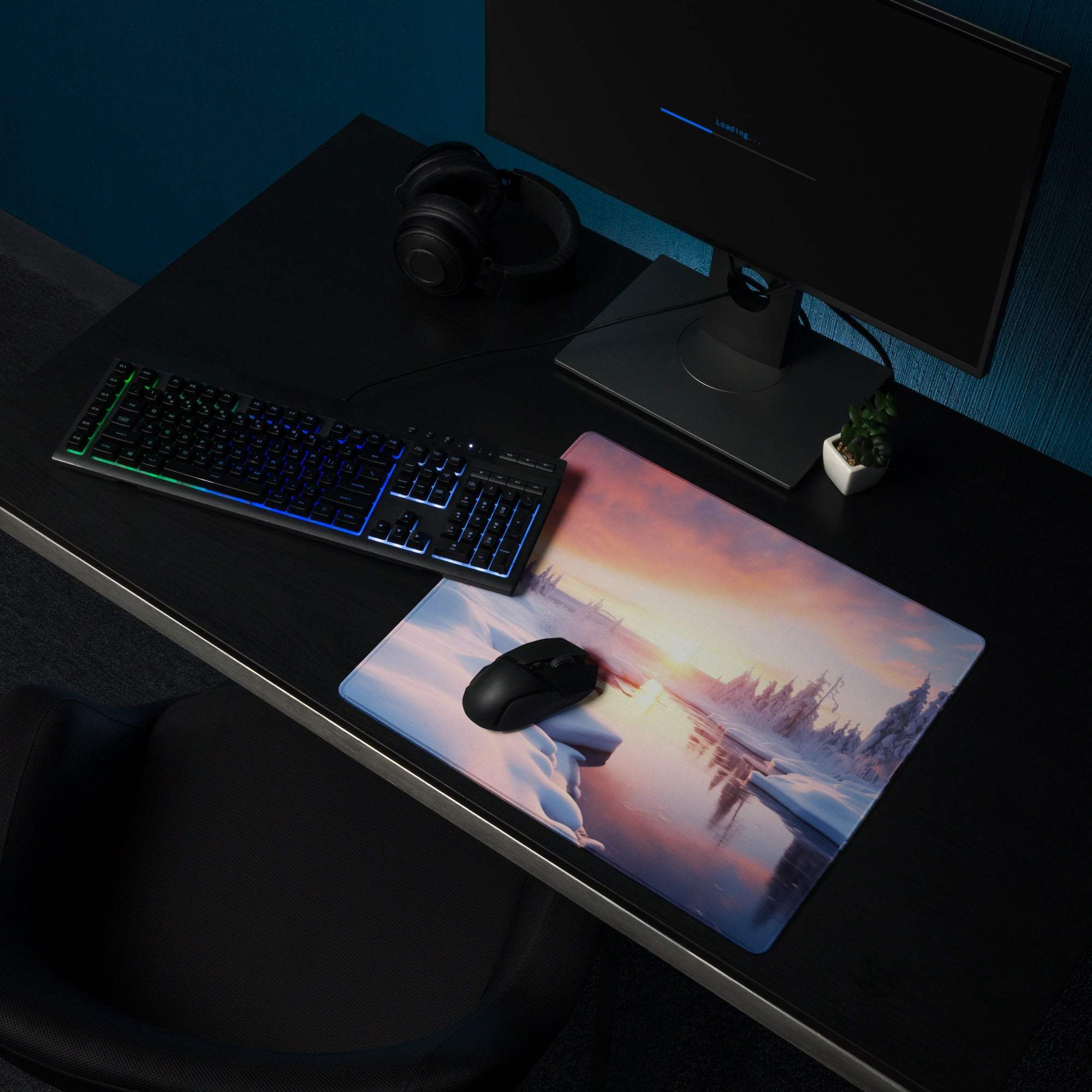 Serene Winter Sunset gaming mouse pad with pink purple horizon vista