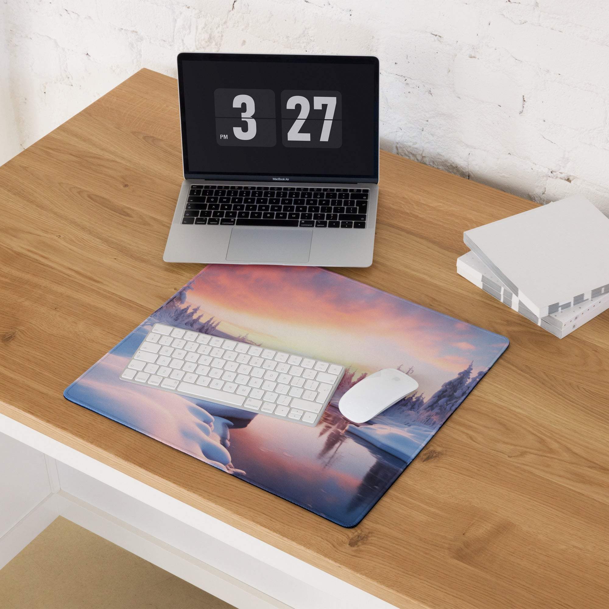 Serene Winter Sunset gaming mouse pad with pink purple horizon vista