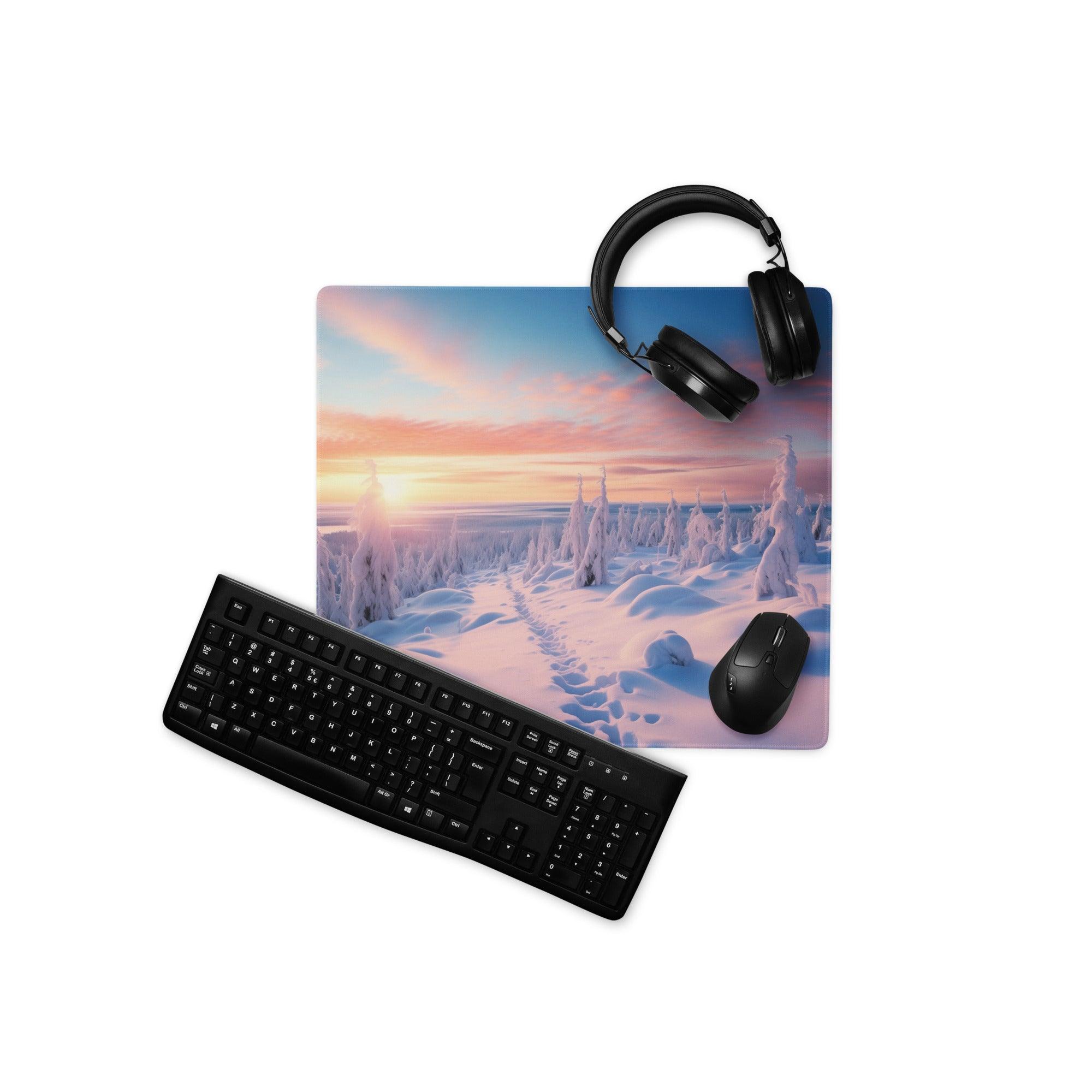 Serene winter sunset gaming mouse pad with frosty pines and snow footprints