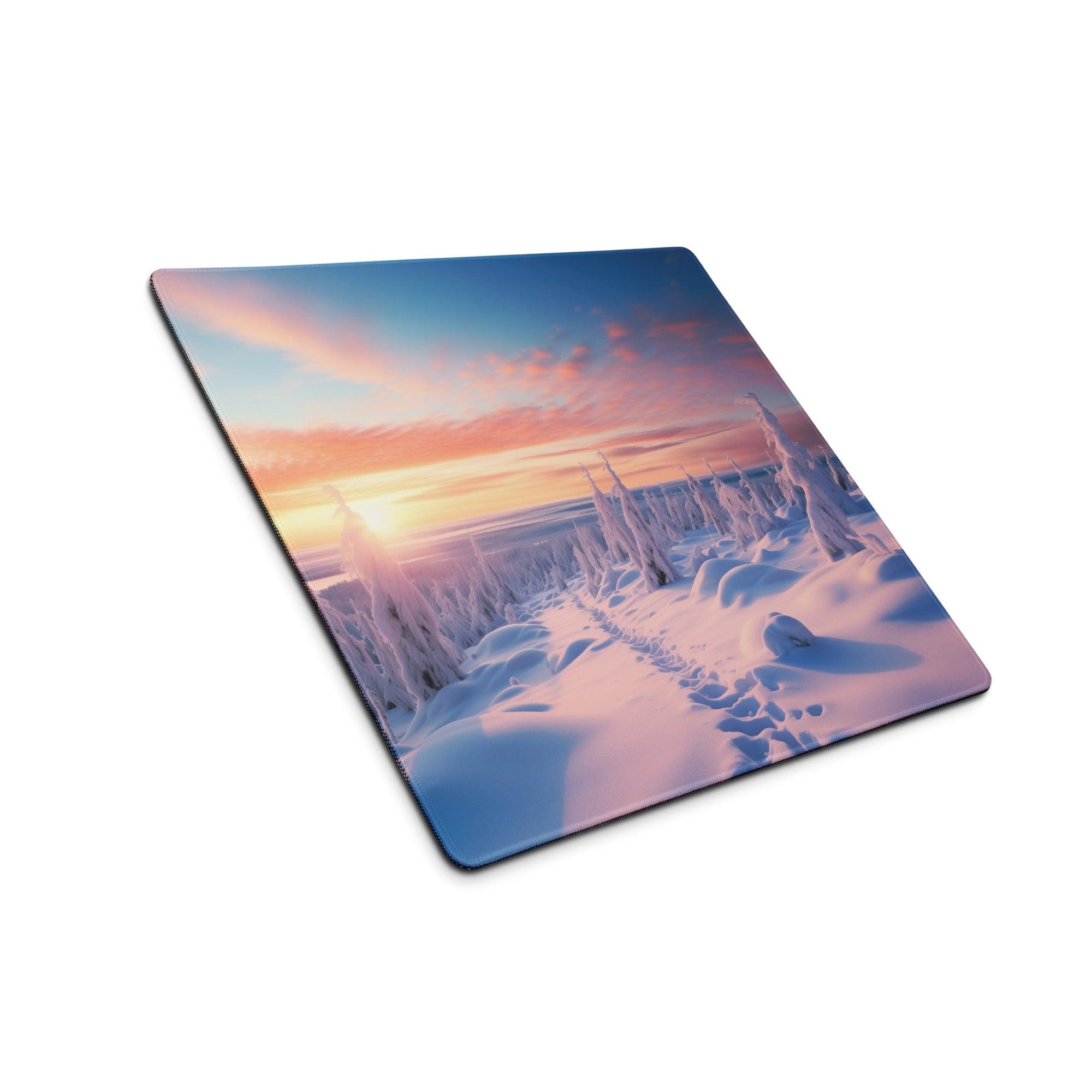 Square Serene Winter Sunset gaming mouse pad with frosted pines