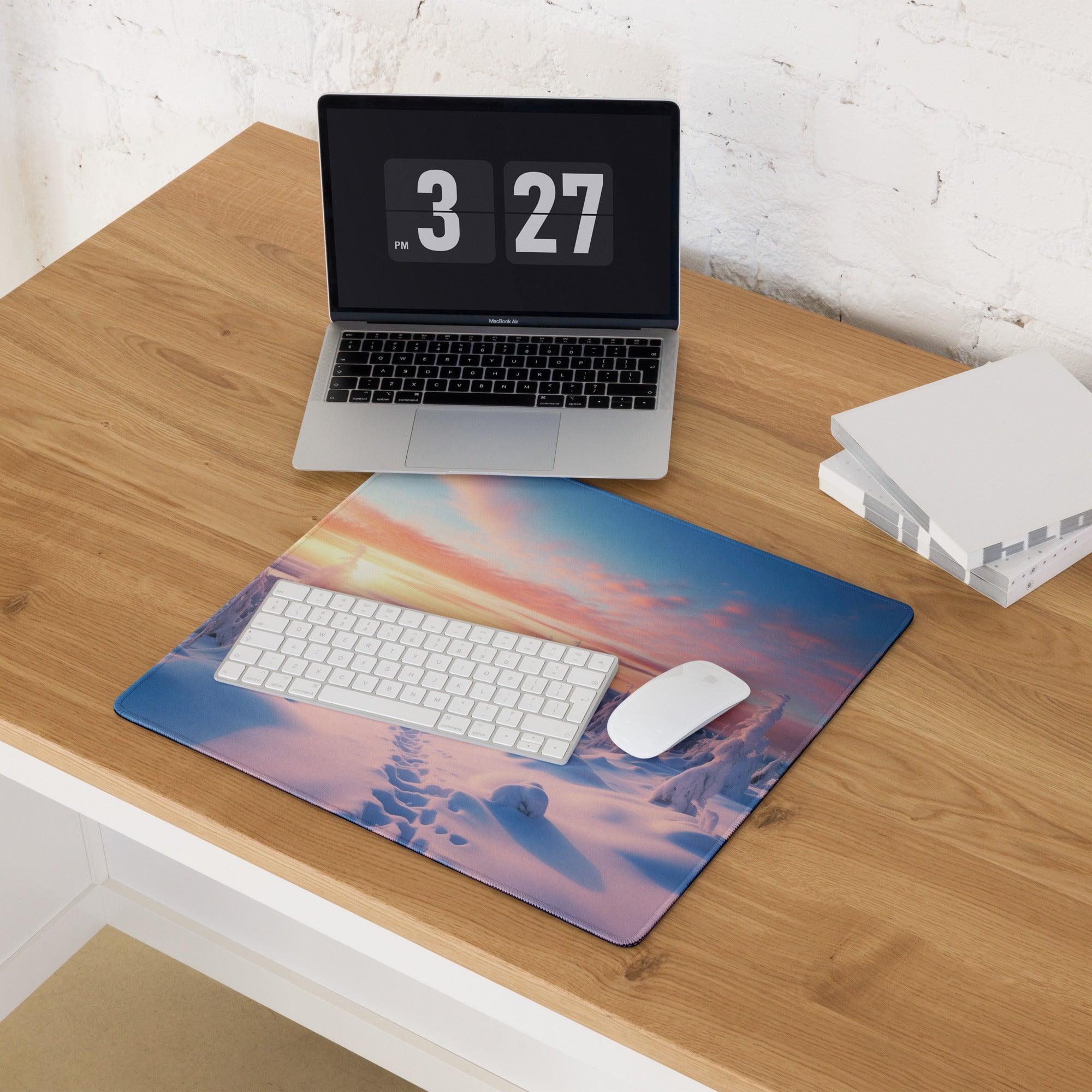Serene winter sunset over frosted pines gaming mouse pad