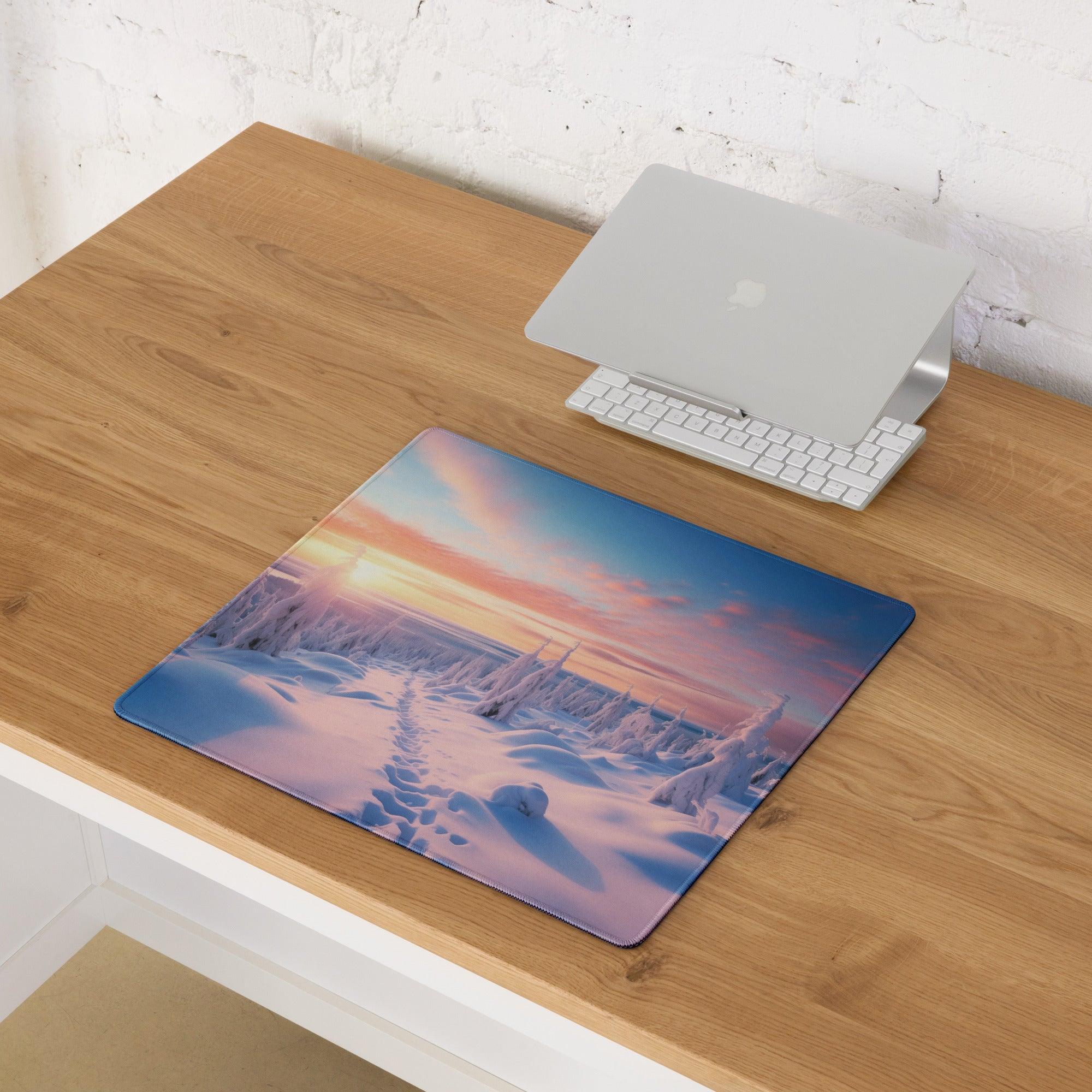 Serene Winter Sunset Over Frosted Pines gaming mouse pad