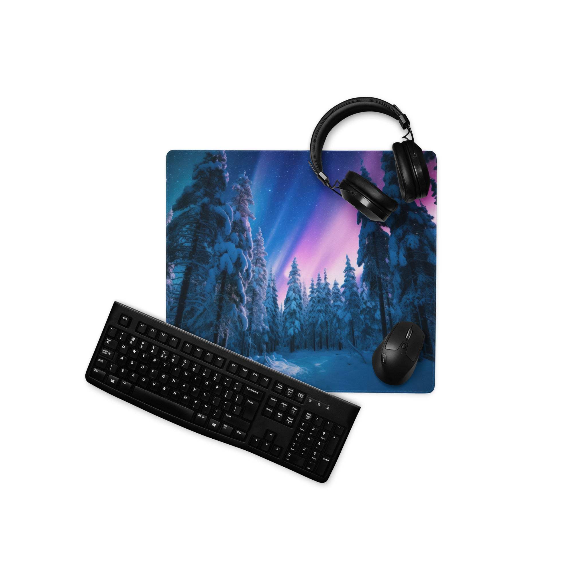 Dreamy Aurora Forest large gaming mouse pad with vibrant aurora over snowy pines