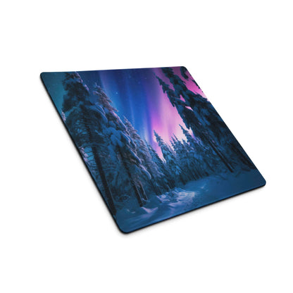 Dreamy Aurora Forest large gaming mouse pad with aurora over snowy pines