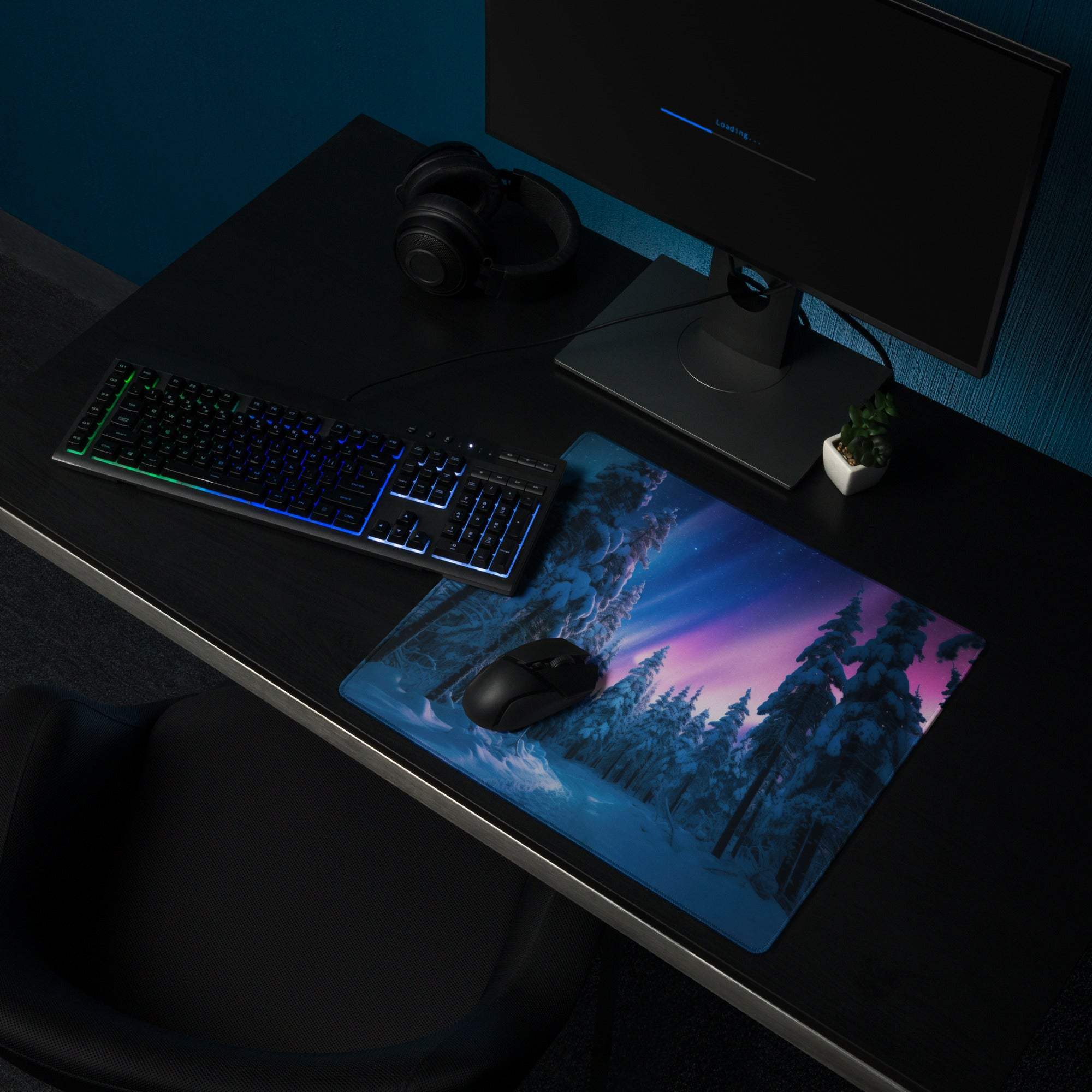 Dreamy Aurora Forest gaming mouse pad with aurora borealis over snowy pines