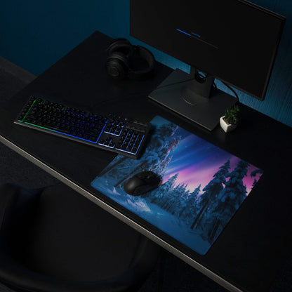 Dreamy Aurora Forest gaming mouse pad with aurora borealis over snowy pines