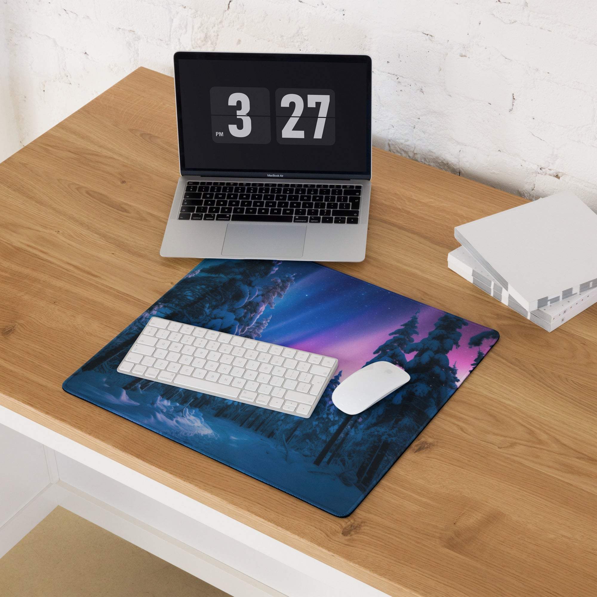 Dreamy Aurora Forest large gaming mouse pad with vibrant aurora and trees