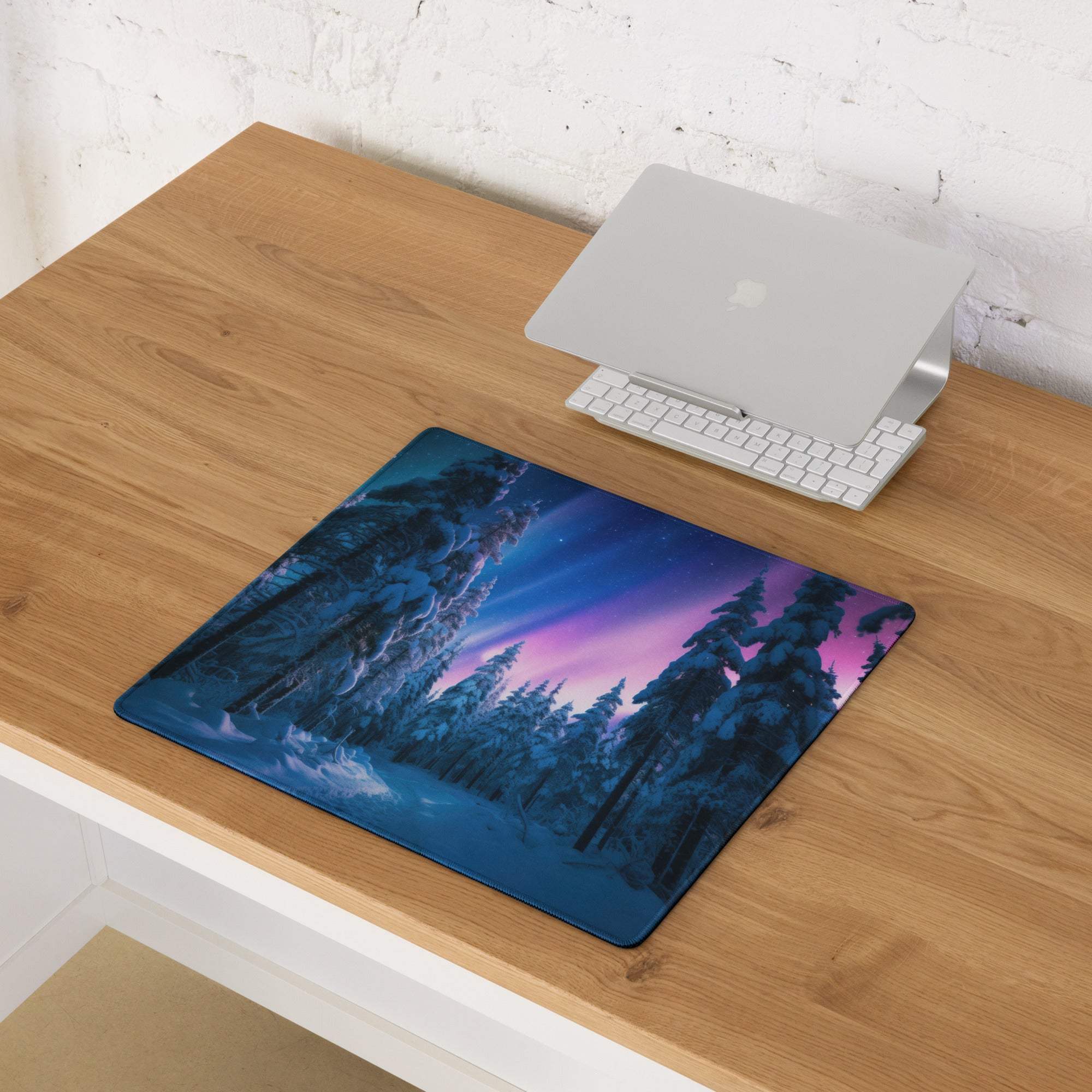 Dreamy Aurora Forest large gaming mouse pad with aurora over snowy pines