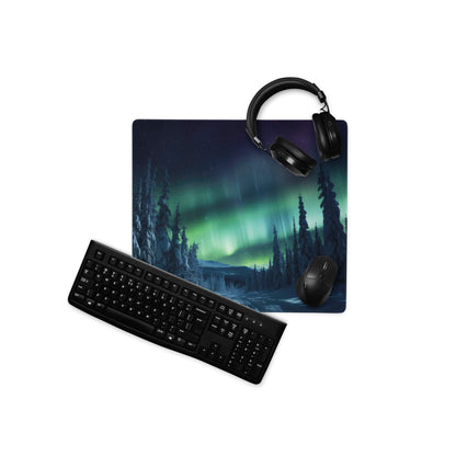 Black keyboard on Ultra Large Aurora Borealis Forest Night gaming mouse pad