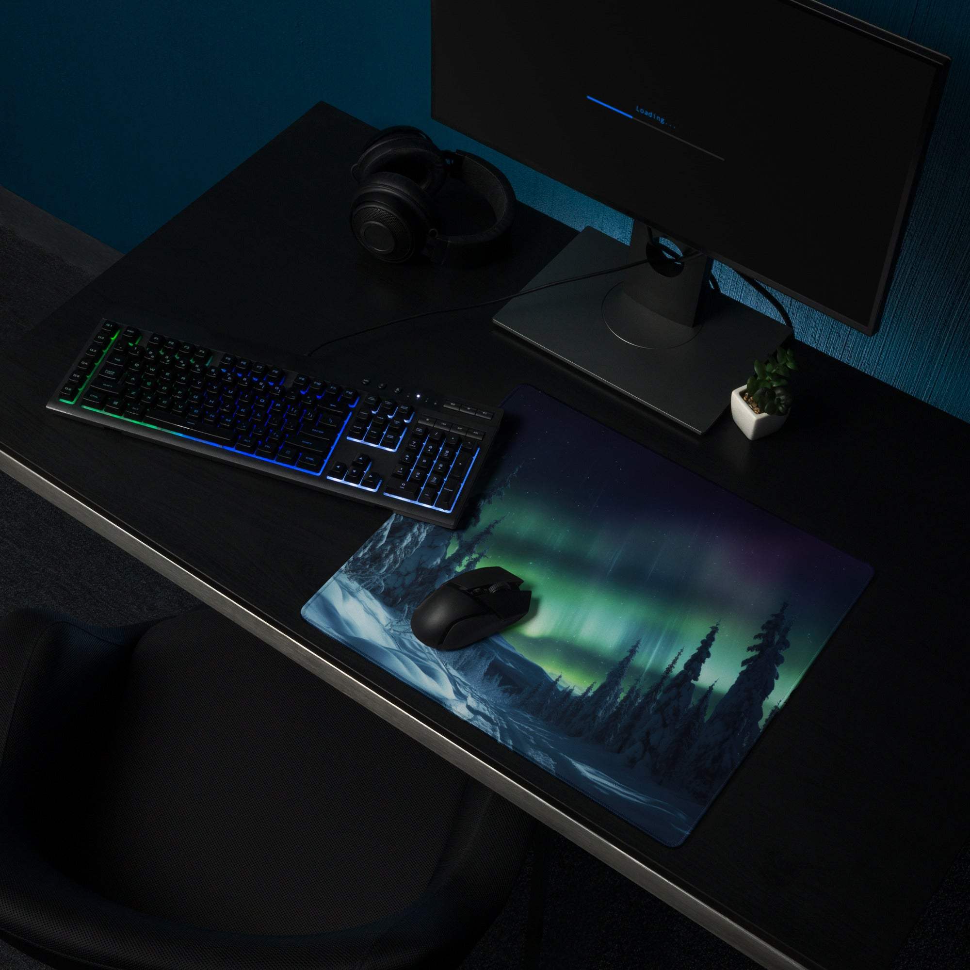 Ultra large aurora borealis forest night gaming mouse pad on dark desk