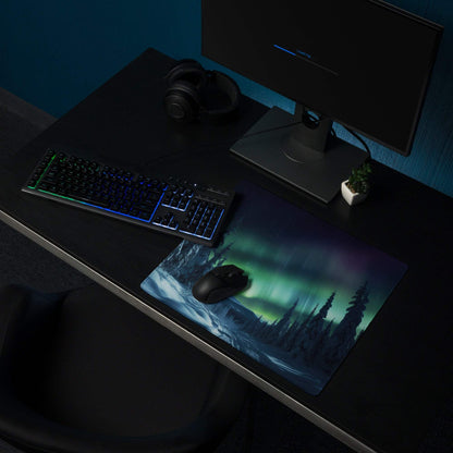 Ultra large aurora borealis forest night gaming mouse pad on dark desk