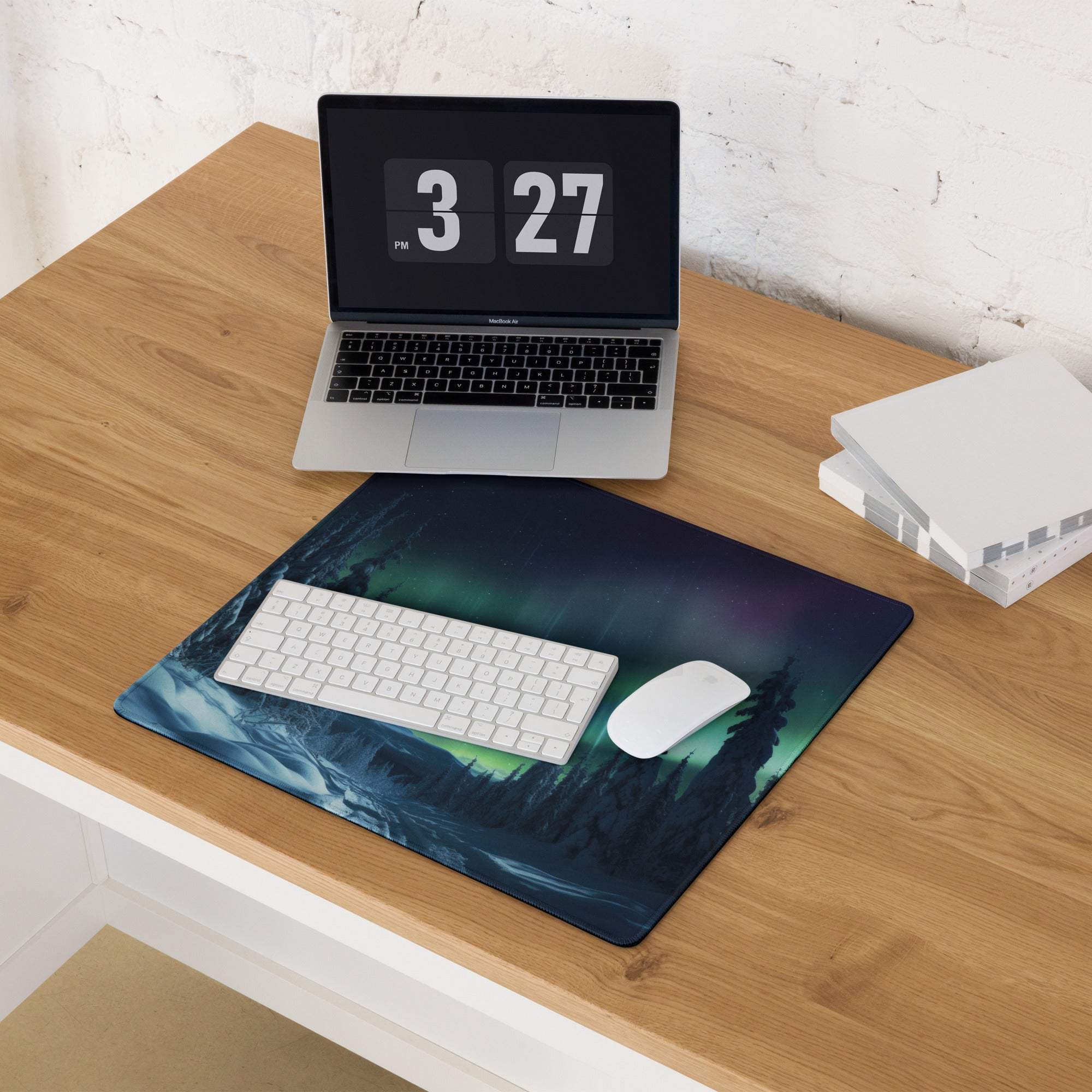 Ultra large aurora borealis forest night gaming mouse pad with non-slip base