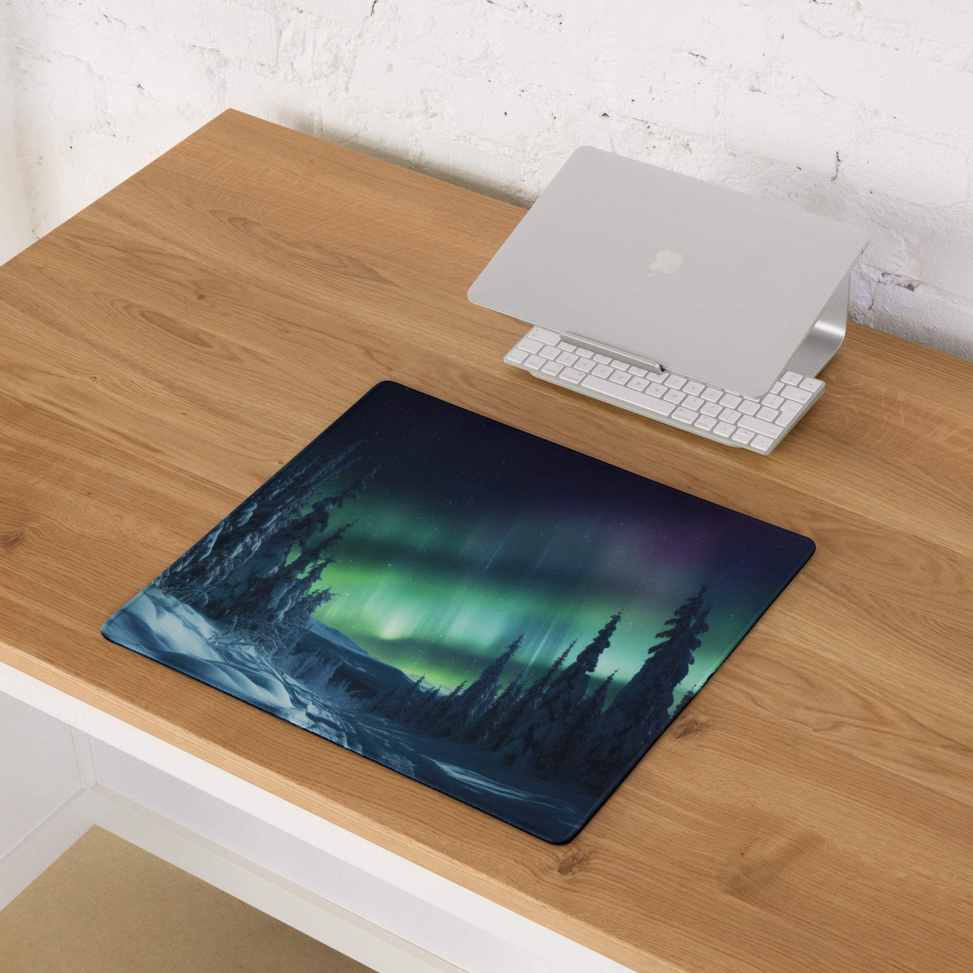 Ultra large aurora borealis forest night gaming mouse pad with non-slip base