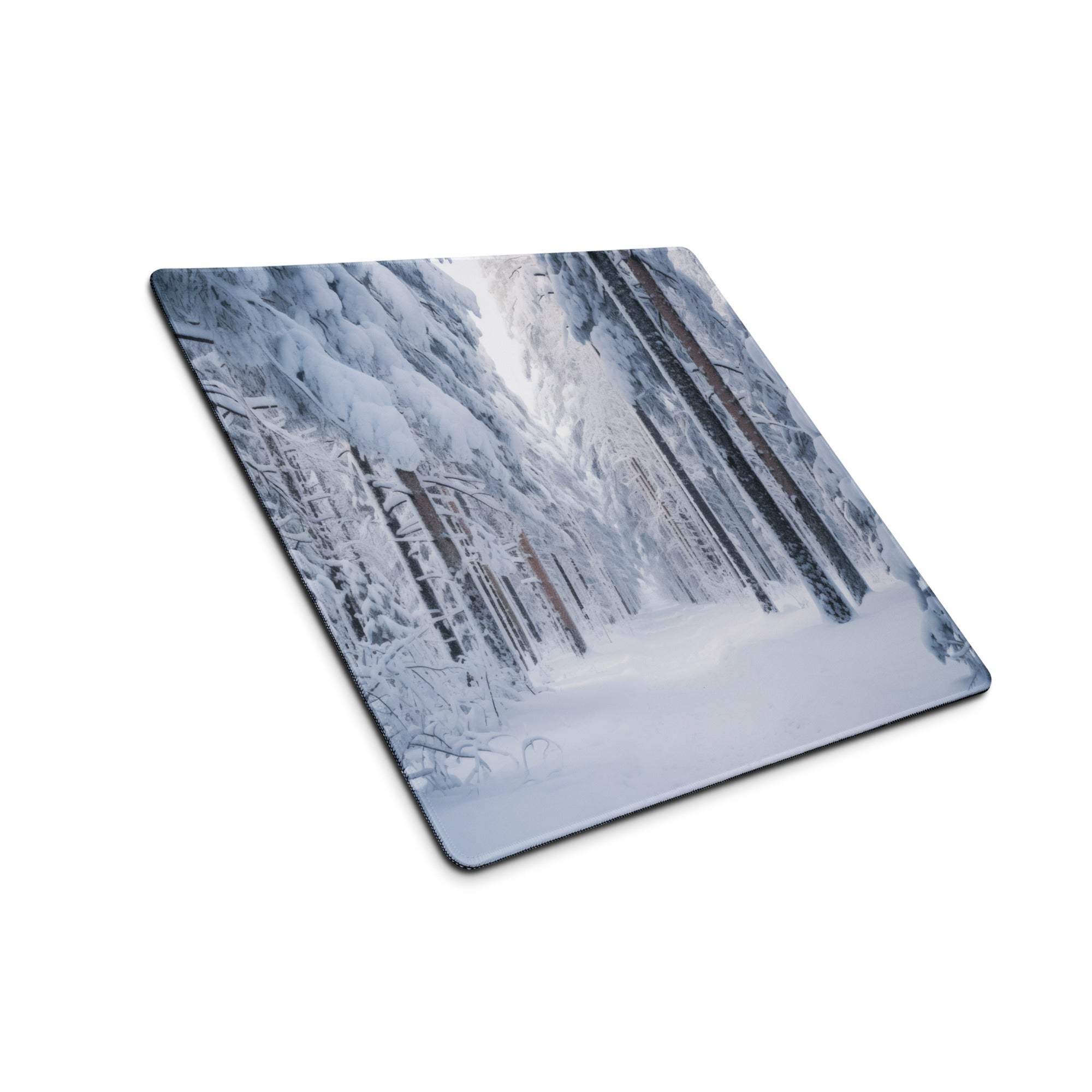 Winter forest snow-covered scene on large gaming mouse pad