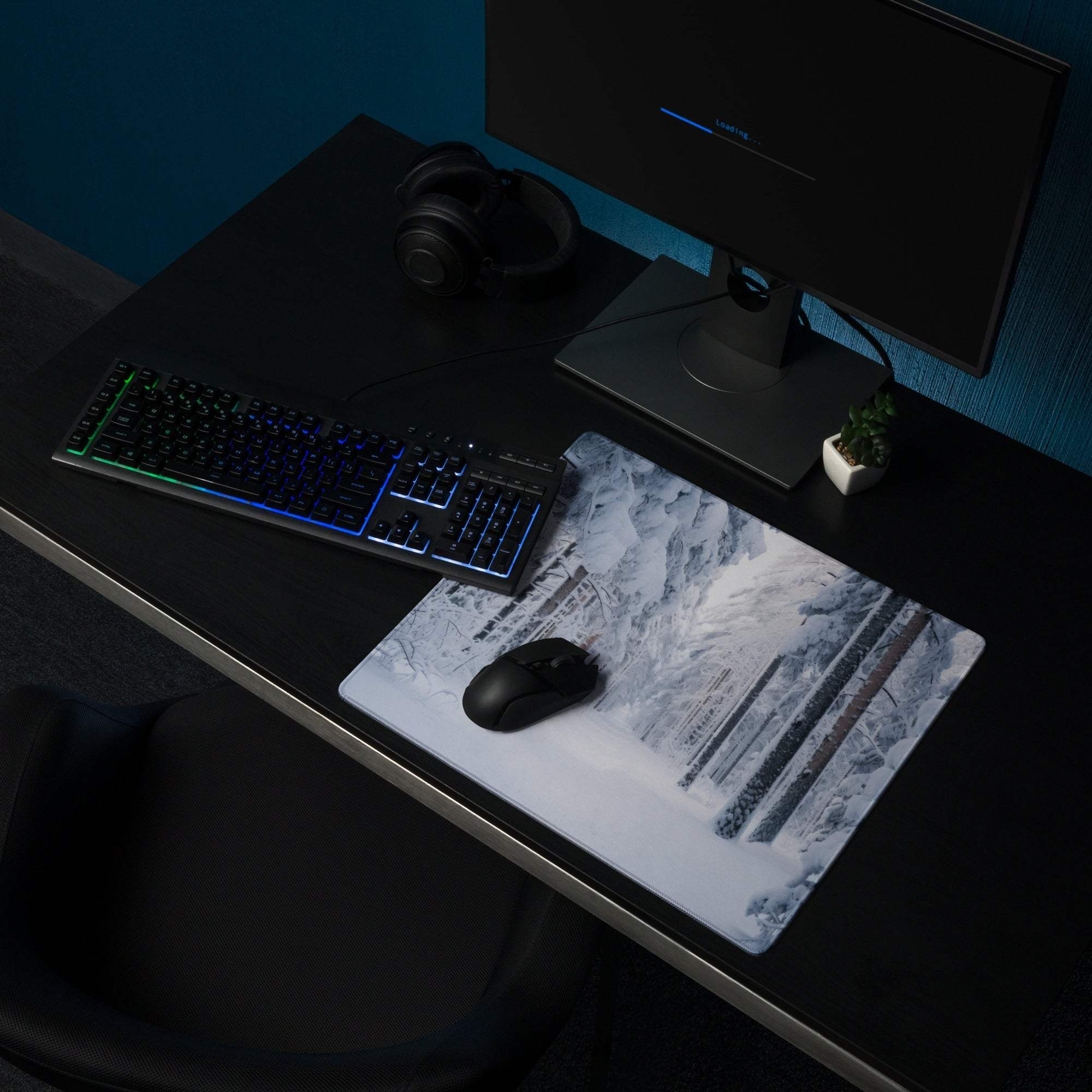 Winter Forest gaming mouse pad with large non-slip base and edge stitching