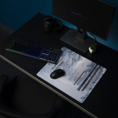 Winter Forest gaming mouse pad with large non-slip base and edge stitching