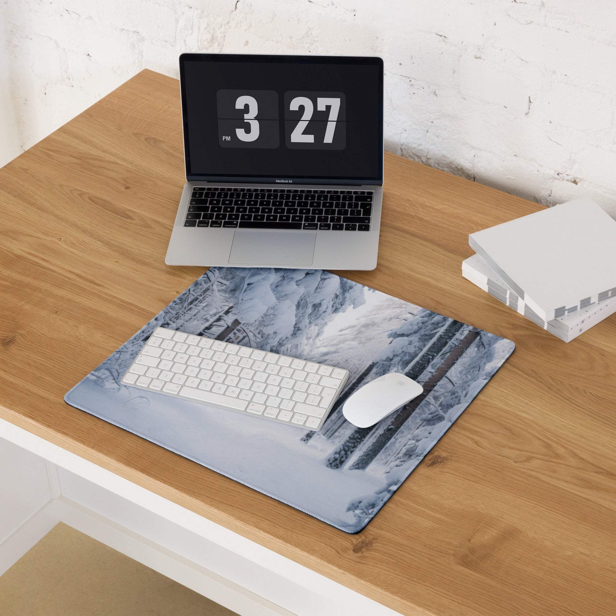 Winter Forest gaming mouse pad with grayscale snow trees, non-slip base, stitched edges