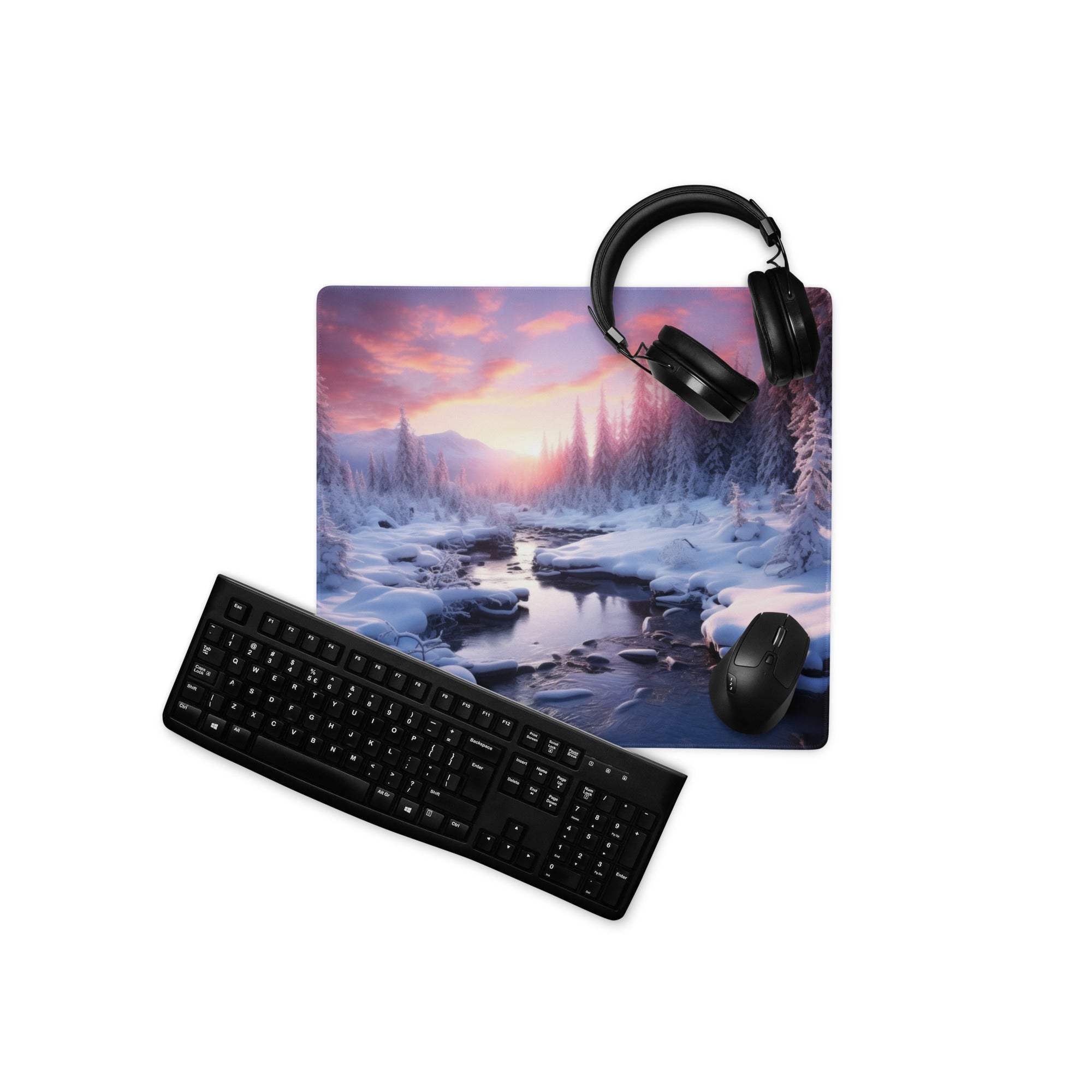 Large winter forest sunset gaming mouse pad with black keyboard and mouse