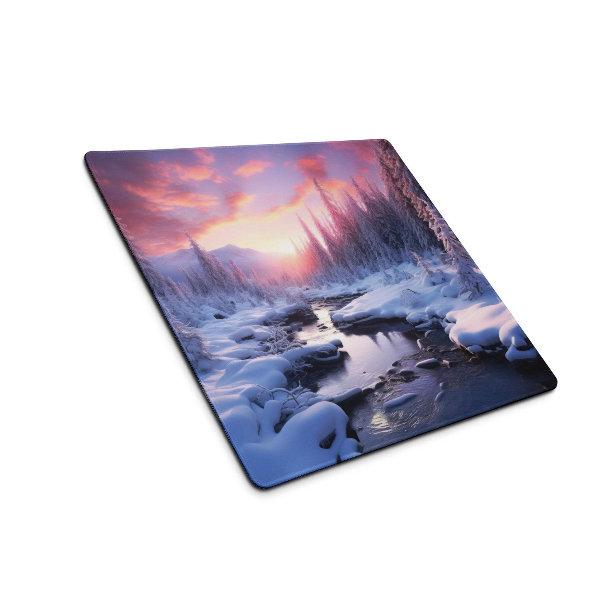 Large Winter Forest Sunset Glow gaming mouse pad with vivid snow landscape