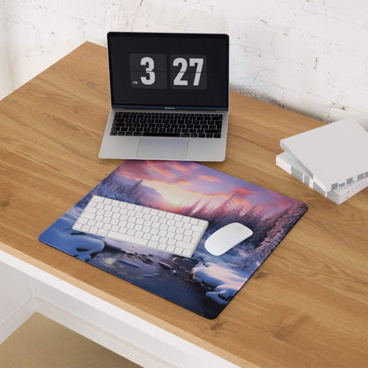 Large Winter Forest Landscape Sunset Glow Gaming Mouse Pad with Snowy Trees and Icy Streams