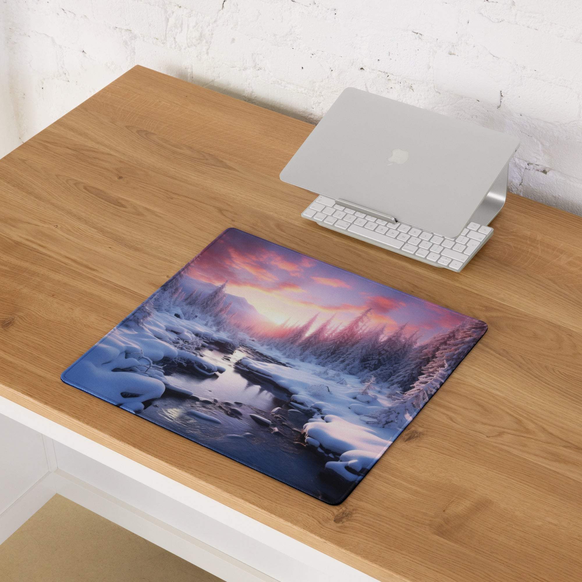 Large Winter Forest Landscape Sunset Glow Gaming Mouse Pad with Snowy Trees and Vibrant Sky