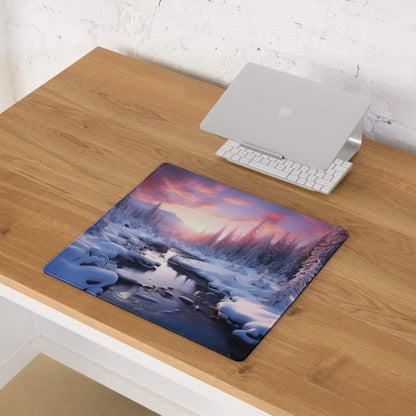 Large Winter Forest Landscape Sunset Glow Gaming Mouse Pad with Snowy Trees and Vibrant Sky