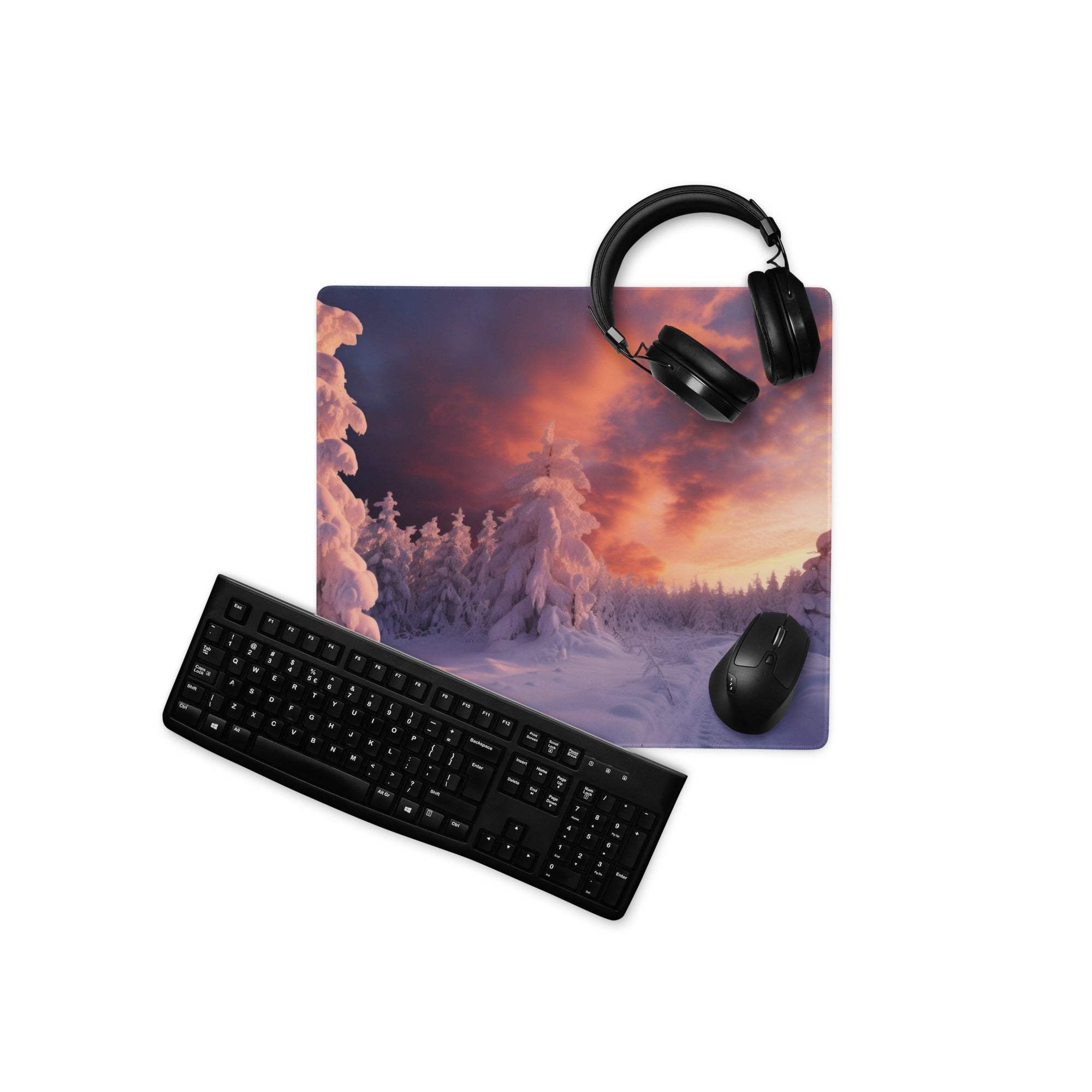 Black matte QWERTY keyboard on Epic Snowy Forest gaming mouse pad