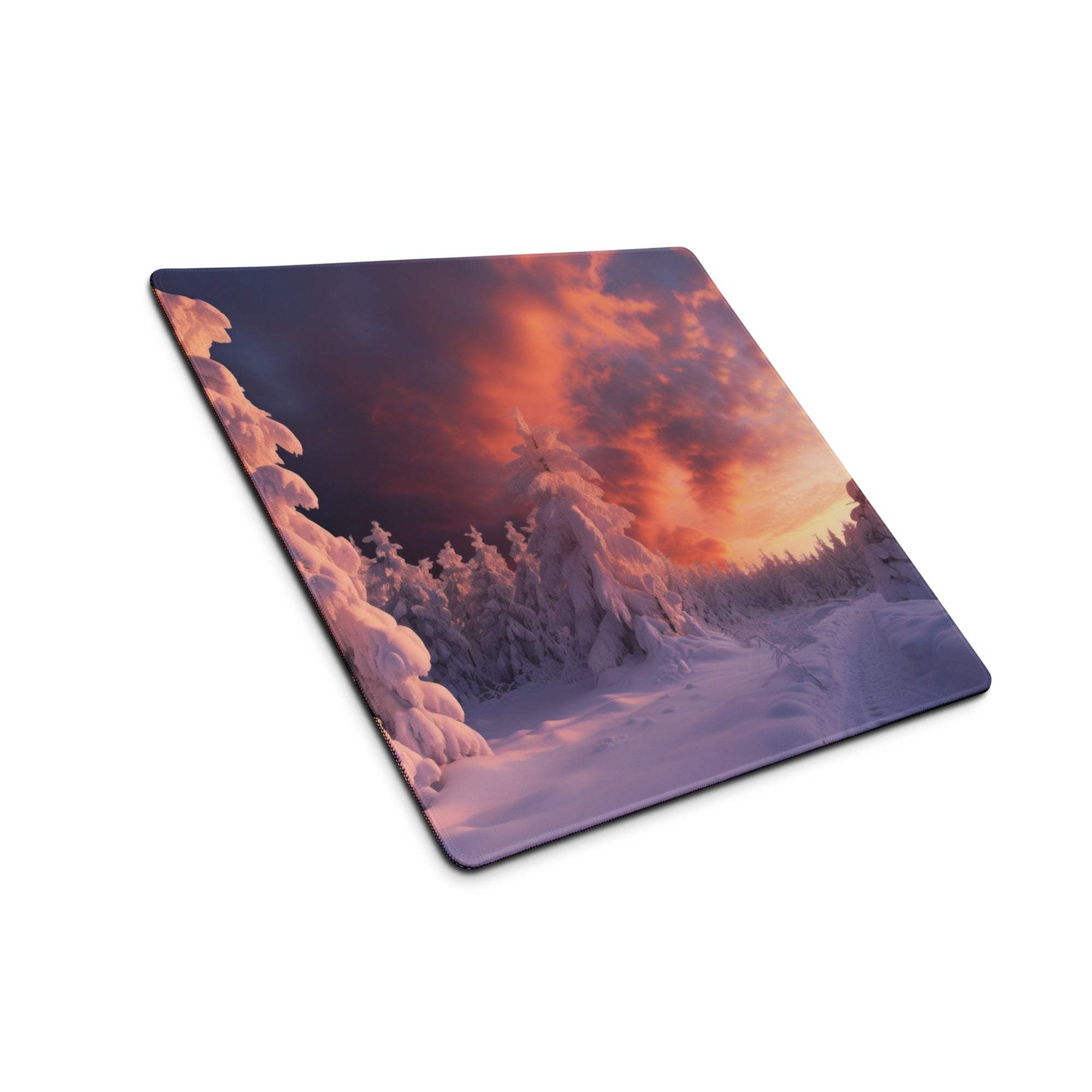 Epic Snowy Forest Landscape At Sunset gaming mouse pad