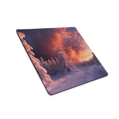 Epic Snowy Forest Landscape At Sunset gaming mouse pad