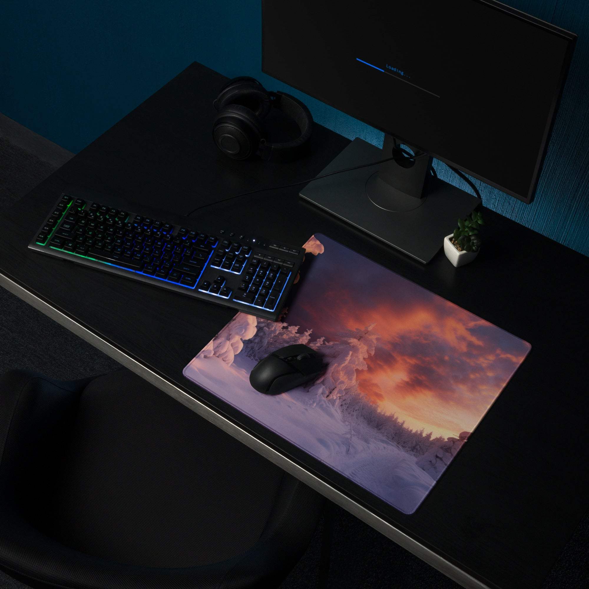 Epic snowy forest sunset mousepad with purple orange sky design