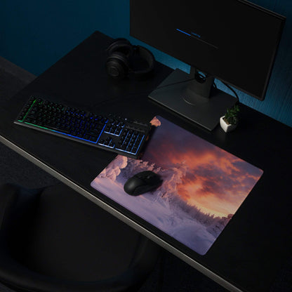 Epic snowy forest sunset mousepad with purple orange sky design