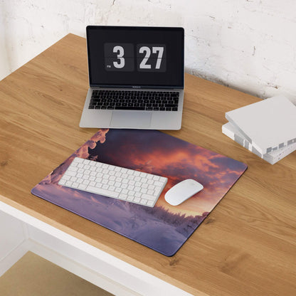 Epic snowy forest at sunset with warm purple orange sky gaming mouse pad