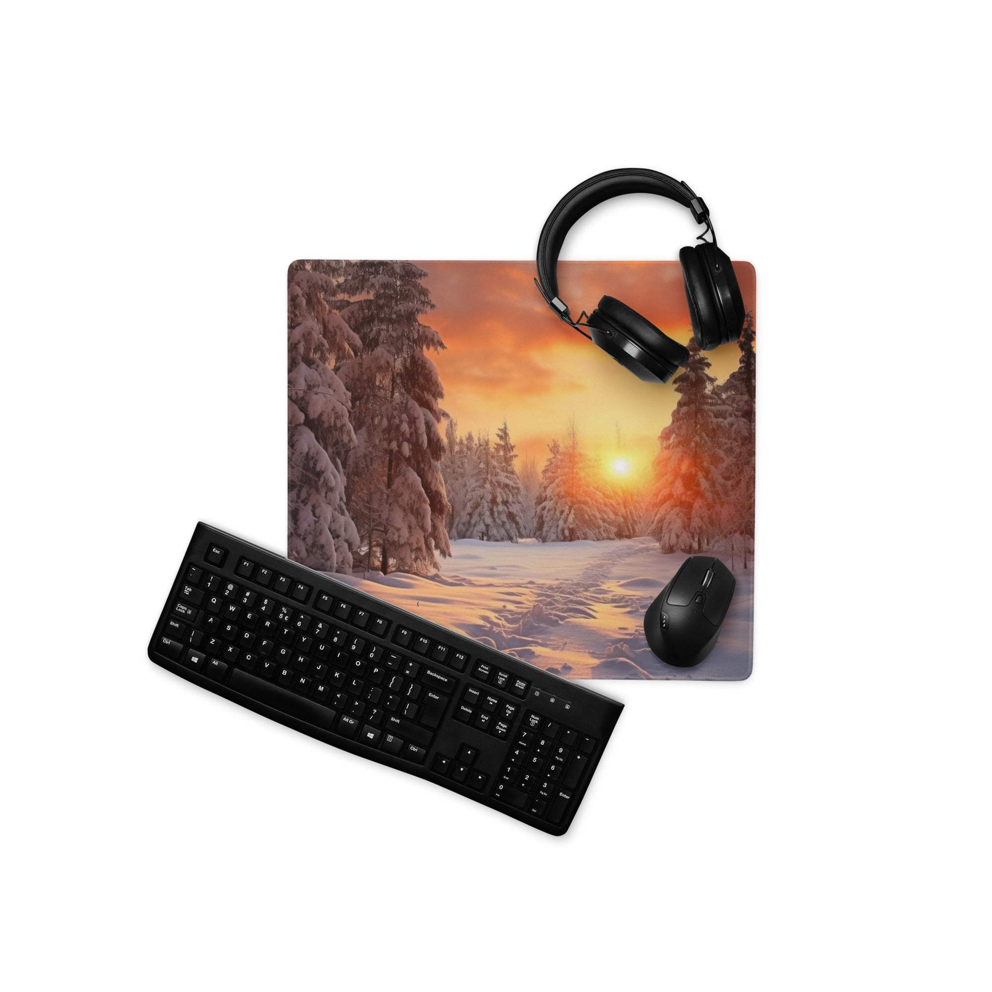 Serene Winter Forest Sunset gaming mouse pad with orange glow and snow trees