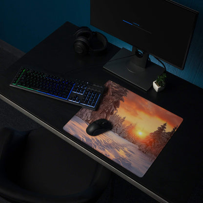 Serene winter forest sunset gaming mouse pad with warm orange glow