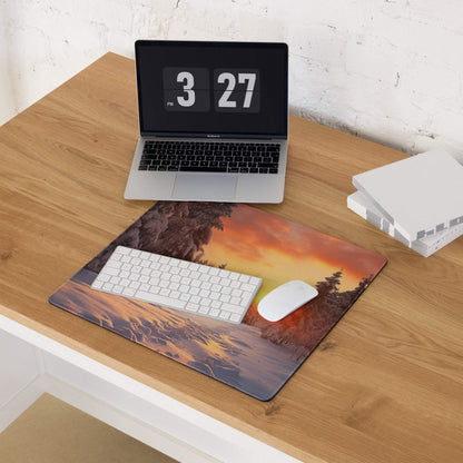Serene winter forest sunset gaming mouse pad with warm orange glow