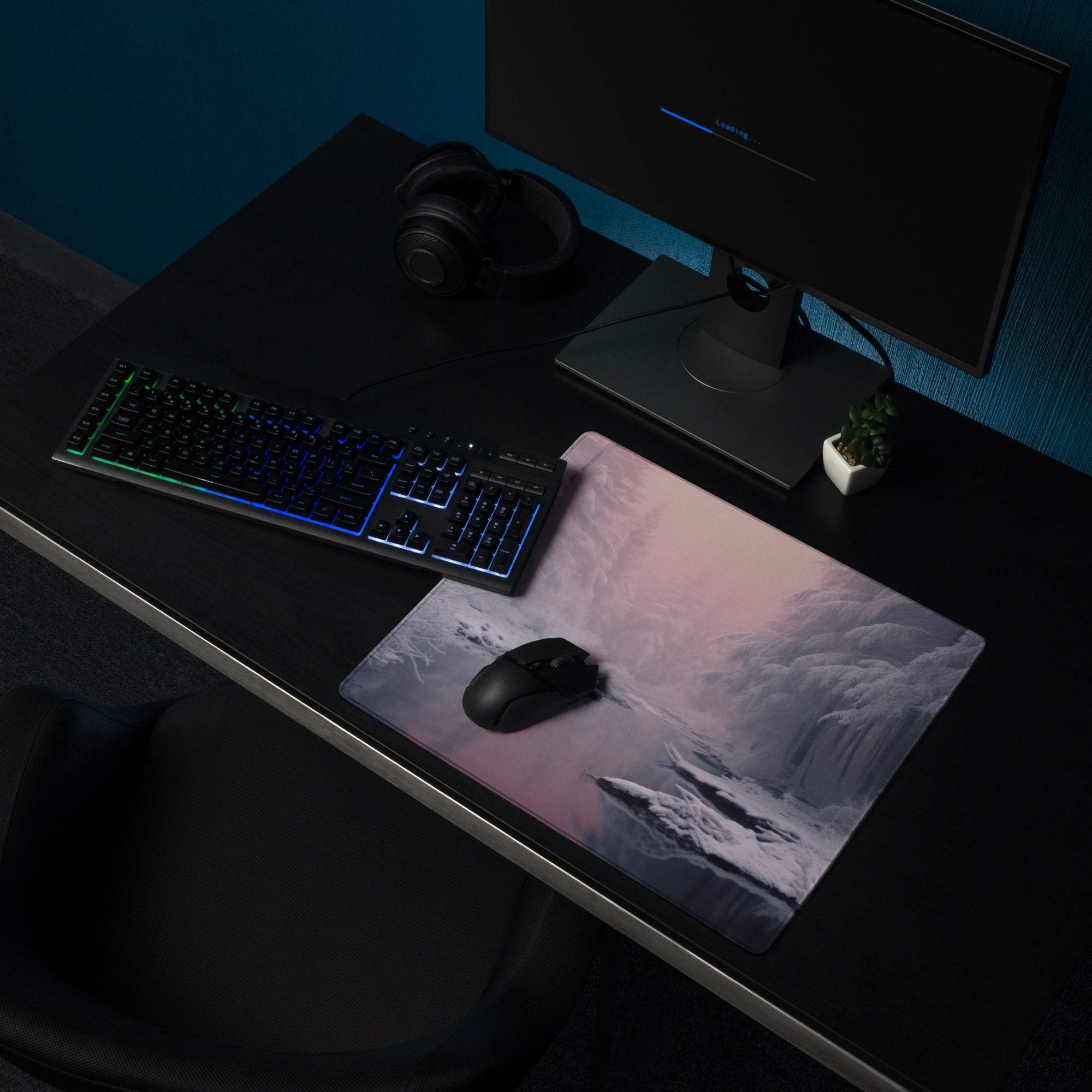 Winter Forest Pink Dawn large gaming mouse pad with snow-capped mountains