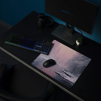 Winter Forest Pink Dawn large gaming mouse pad with snow-capped mountains