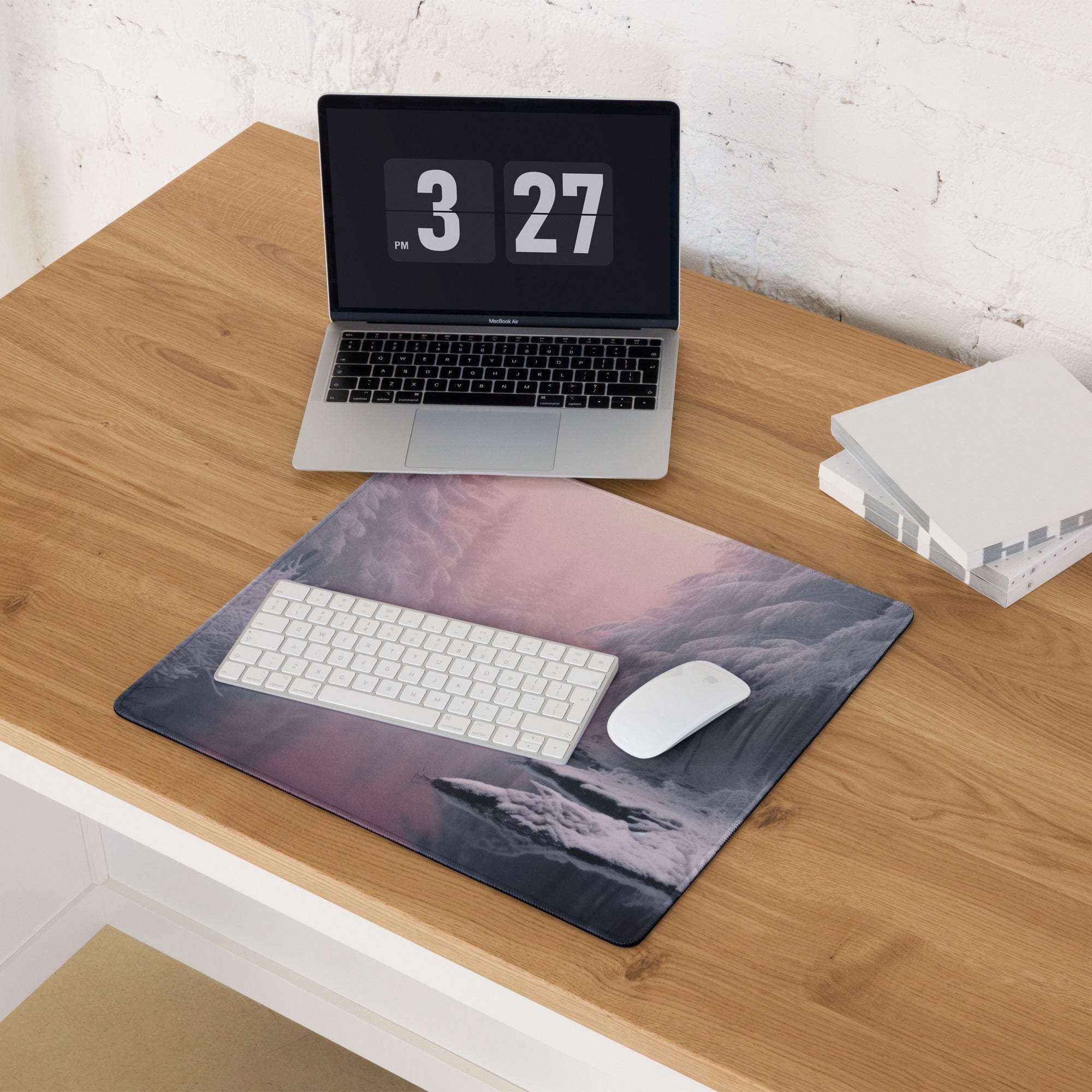 Winter Forest Pink Dawn large gaming mouse pad with snowy mountains, keyboard, mouse