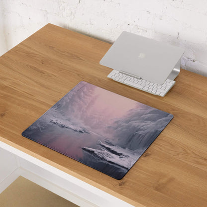 Winter Forest Pink Dawn large gaming mouse pad with snowy waterfall print