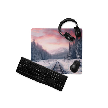 Calm winter snow forest railway mouse pad with black keyboard and mouse