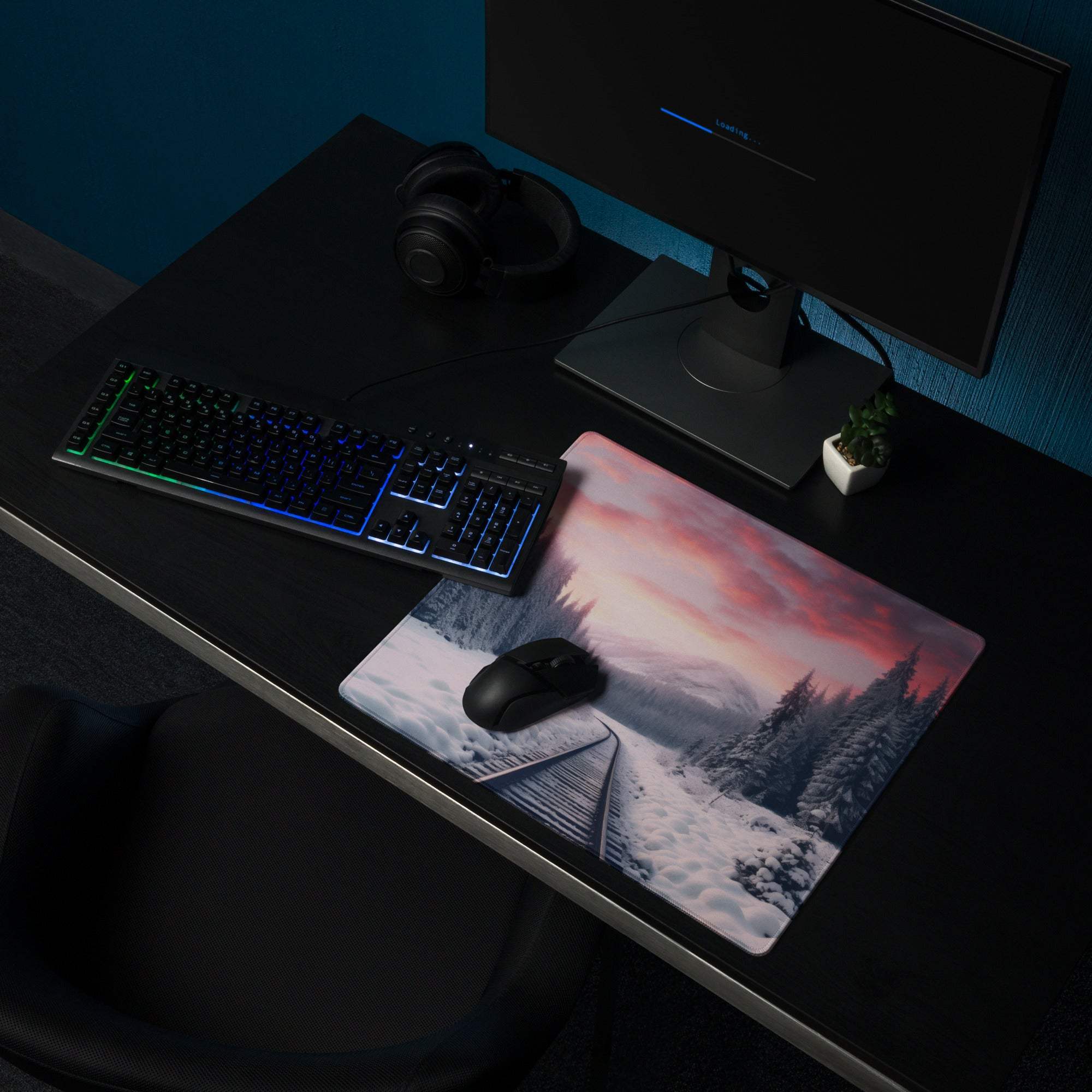 Calm winter snow forest large gaming mouse pad with tracks and sunset sky