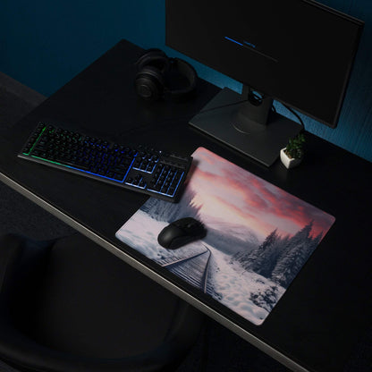 Calm winter snow forest large gaming mouse pad with tracks and sunset sky
