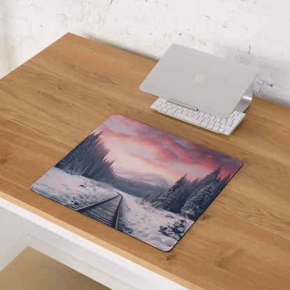 Calm winter snow forest large gaming mouse pad with vivid sunset tracks