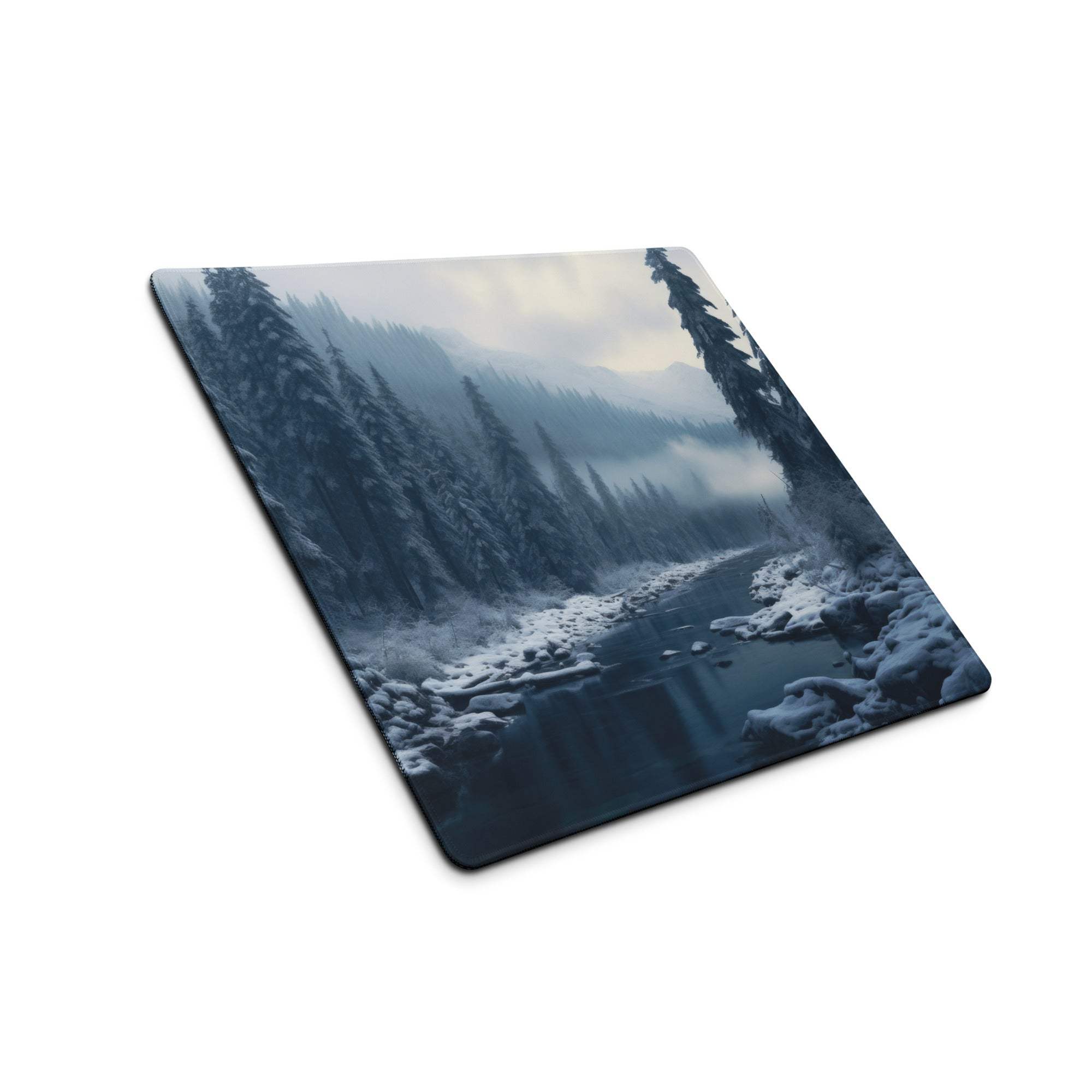 Wintry blue forest scene large gaming mouse pad with snowy trees and misty river