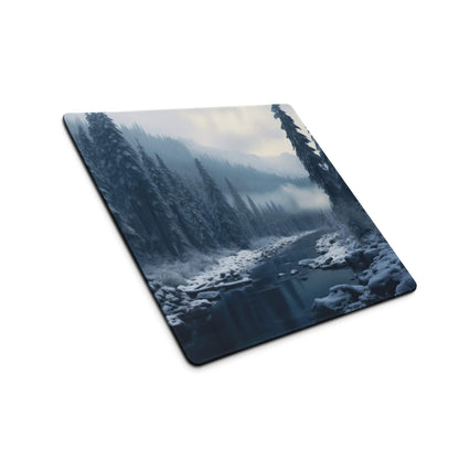 Wintry blue forest scene large gaming mouse pad with snowy trees and misty river