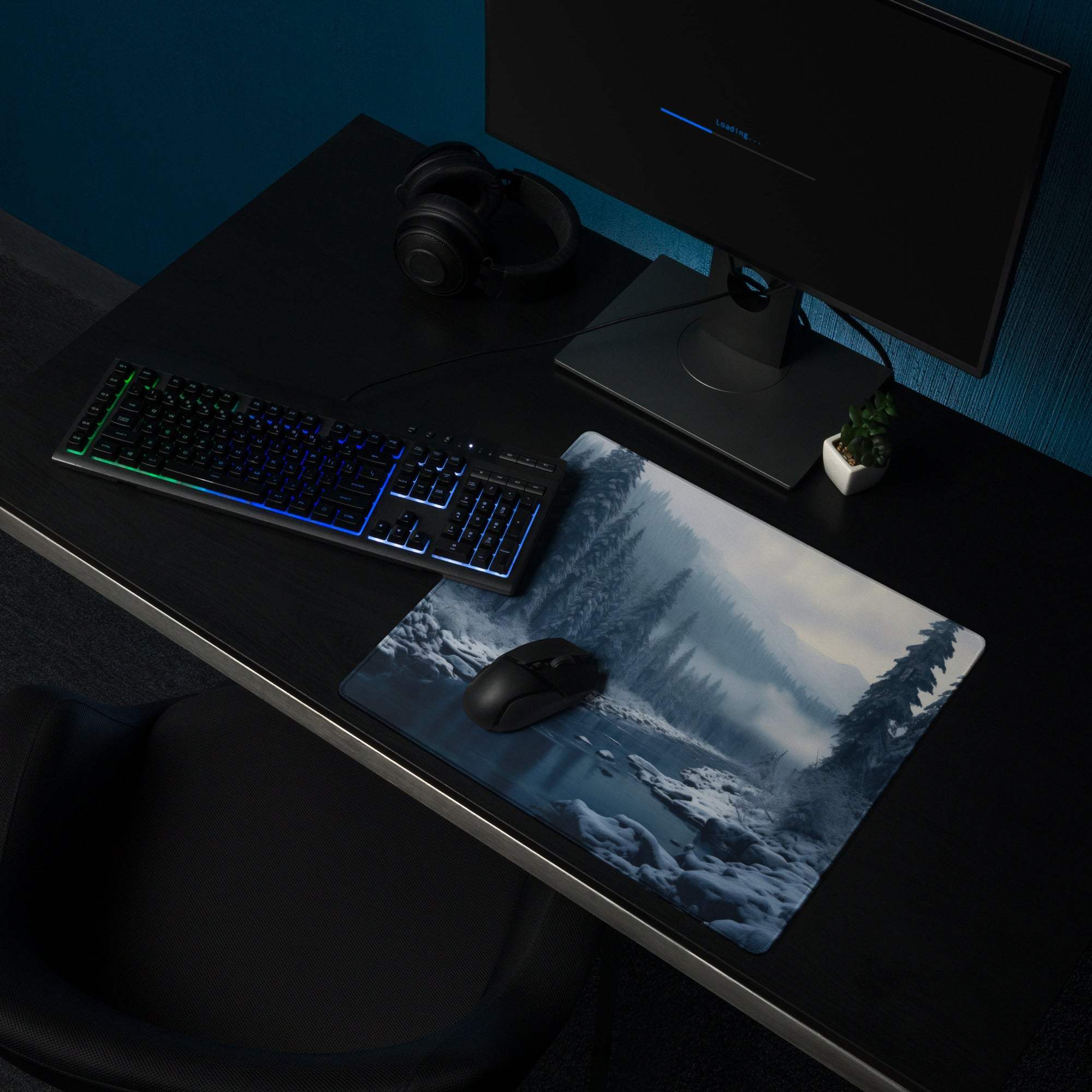 Wintry blue forest icy mountain gaming mouse pad with non-slip base